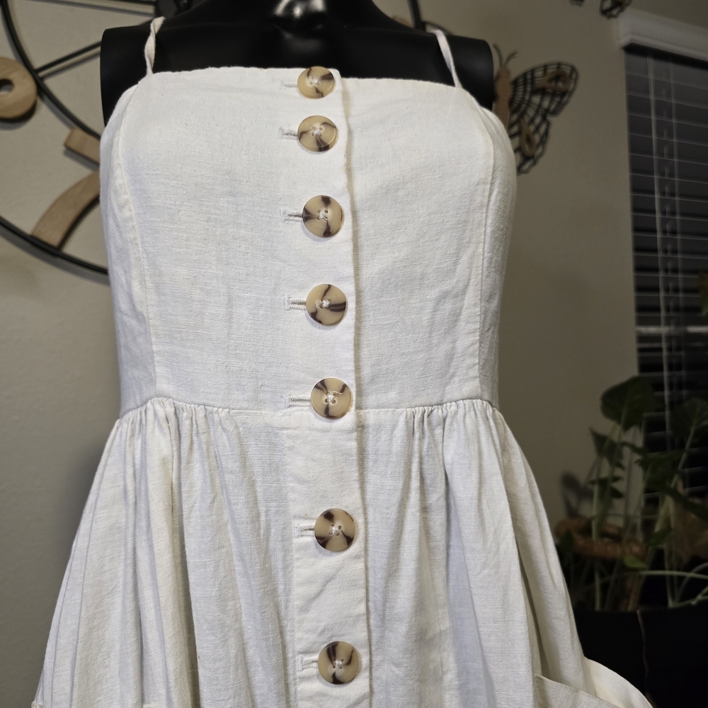 Cream Linen Blend Sundress | Button Front + Pockets | Size Small - Picture 2 of 4